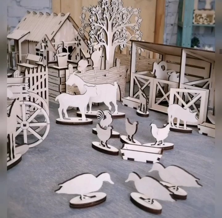 Laser Cut Wooden Farmhouse Toy Farm Animals Free Vector